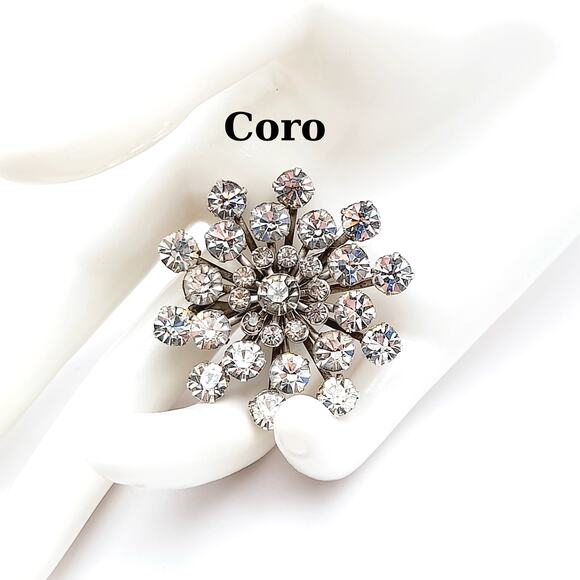 Coro Jewelry - Vintage Coro Rhinestone Snowflake Brooch Clear Crystal Floral Pin